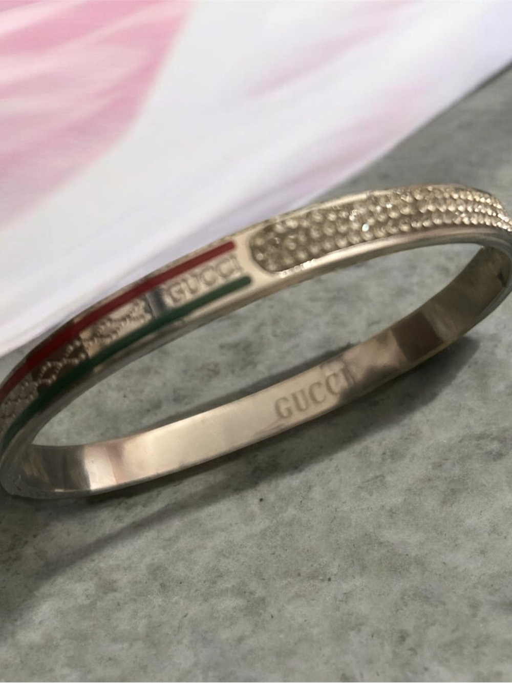 Silver-Tone Bangle with Red and Green Enamel Accents